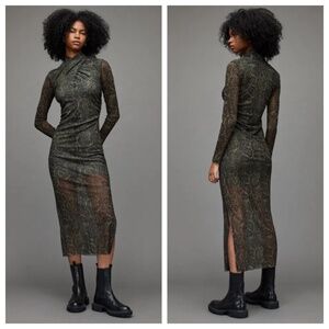 ALLSAINTS Tia Tamora Women’s 8 Midi Dress Snake Print Mesh Bodycon Modern Edgy